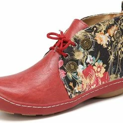 Nuheel® Vintage Ankle Boots Winter Flower Pattern Splicing Leather Boots Lace-Up