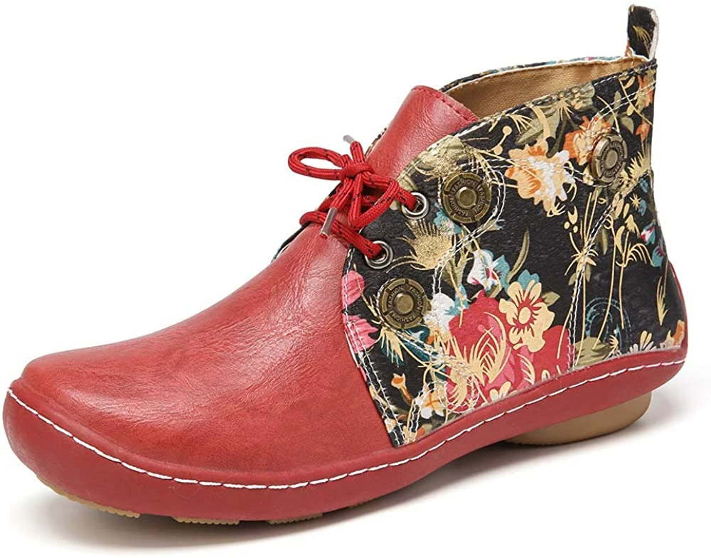 Nuheel® Vintage Ankle Boots Winter Flower Pattern Splicing Leather Boots Lace-Up 4 Nuheel® Vintage Ankle Boots Winter Flower Pattern Splicing Leather Boots Lace-Up