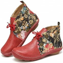 Nuheel® Vintage Ankle Boots Winter Flower Pattern Splicing Leather Boots Lace-Up 36 Nuheel® Vintage Ankle Boots Winter Flower Pattern Splicing Leather Boots Lace-Up
