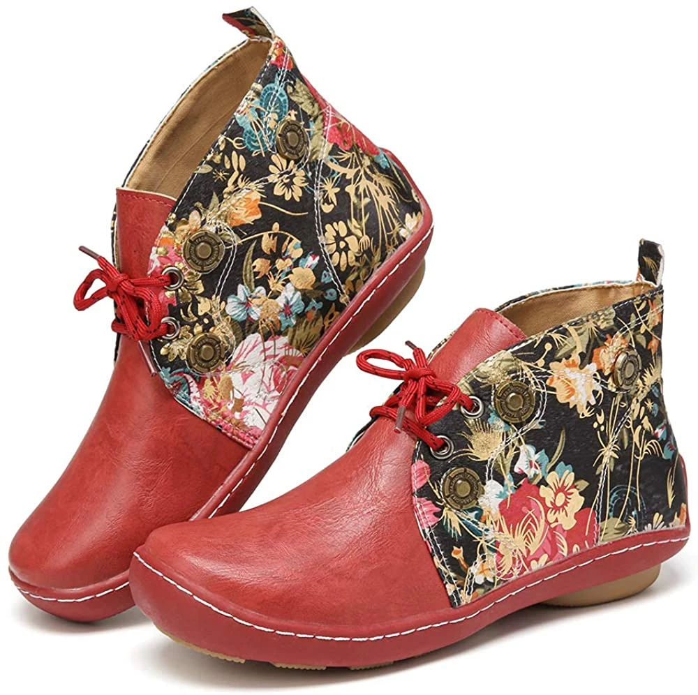 Nuheel® Vintage Ankle Boots Winter Flower Pattern Splicing Leather Boots Lace-Up 5 Nuheel® Vintage Ankle Boots Winter Flower Pattern Splicing Leather Boots Lace-Up