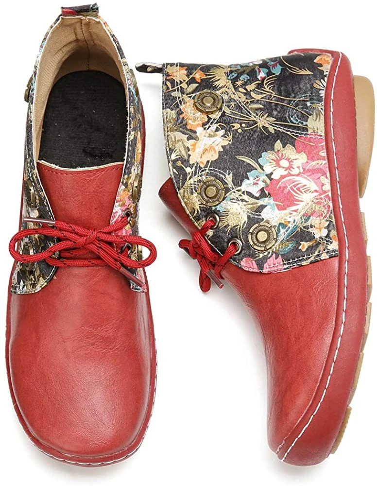 Nuheel® Vintage Ankle Boots Winter Flower Pattern Splicing Leather Boots Lace-Up 6 Nuheel® Vintage Ankle Boots Winter Flower Pattern Splicing Leather Boots Lace-Up