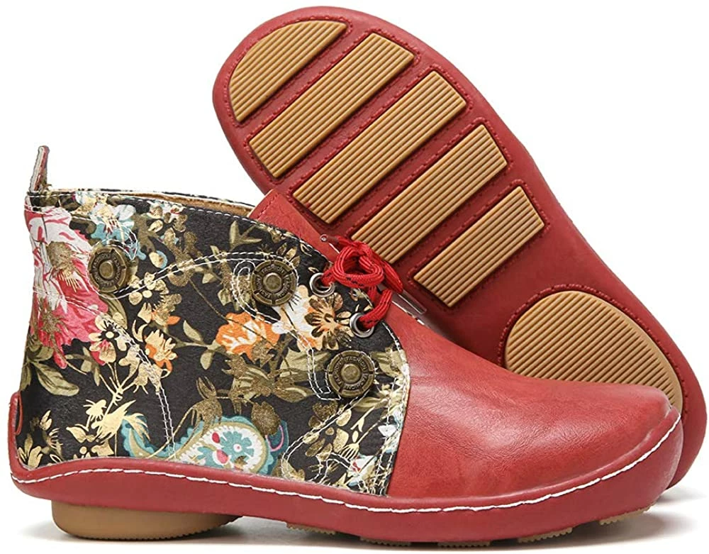 Nuheel® Vintage Ankle Boots Winter Flower Pattern Splicing Leather Boots Lace-Up 7 Nuheel® Vintage Ankle Boots Winter Flower Pattern Splicing Leather Boots Lace-Up