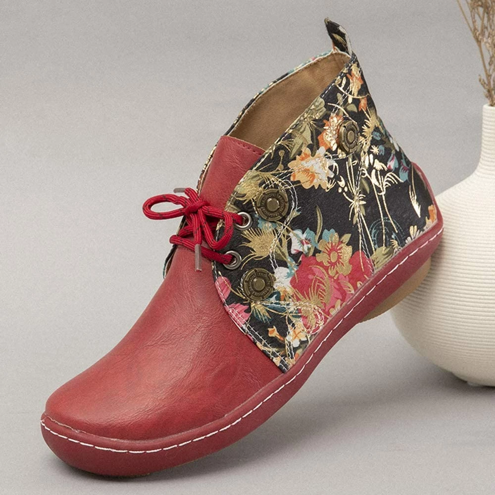 Nuheel® Vintage Ankle Boots Winter Flower Pattern Splicing Leather Boots Lace-Up 8 Nuheel® Vintage Ankle Boots Winter Flower Pattern Splicing Leather Boots Lace-Up