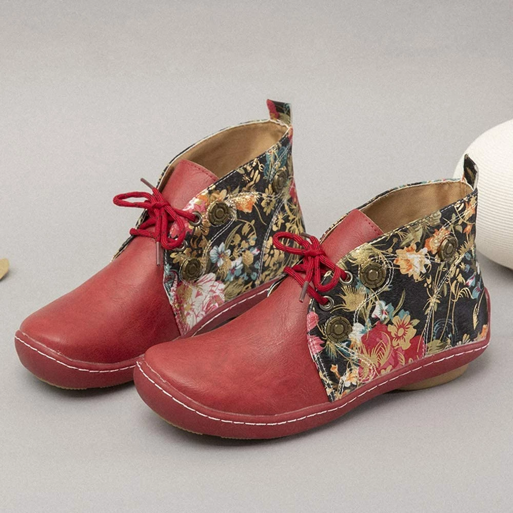 Nuheel® Vintage Ankle Boots Winter Flower Pattern Splicing Leather Boots Lace-Up 10 Nuheel® Vintage Ankle Boots Winter Flower Pattern Splicing Leather Boots Lace-Up
