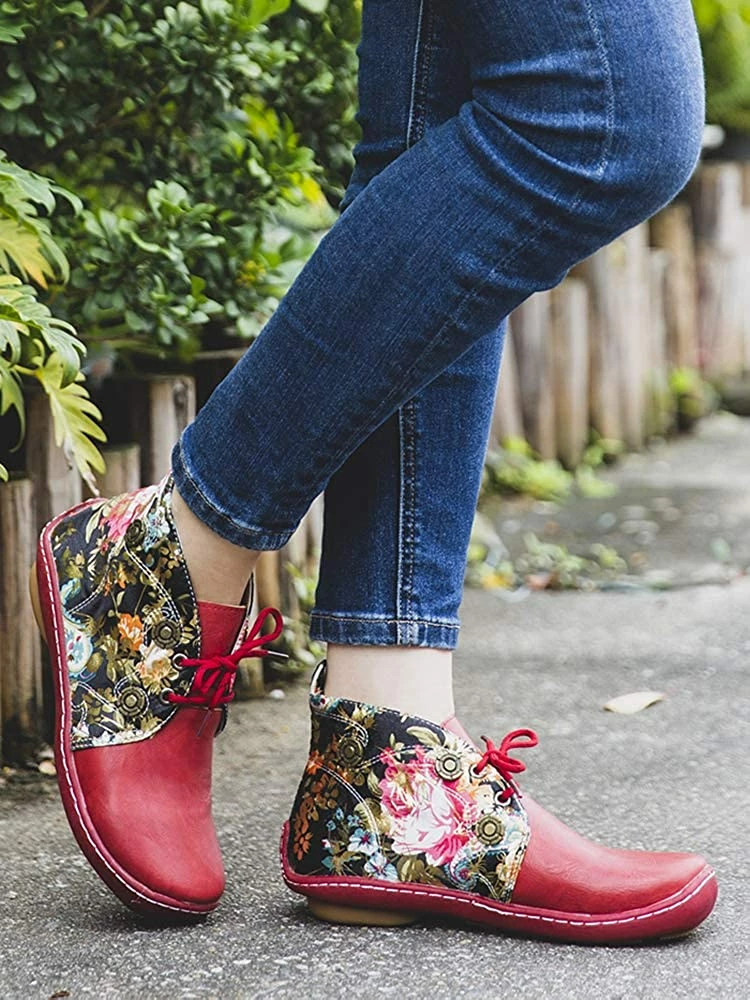 Nuheel® Vintage Ankle Boots Winter Flower Pattern Splicing Leather Boots Lace-Up 3 Nuheel® Vintage Ankle Boots Winter Flower Pattern Splicing Leather Boots Lace-Up
