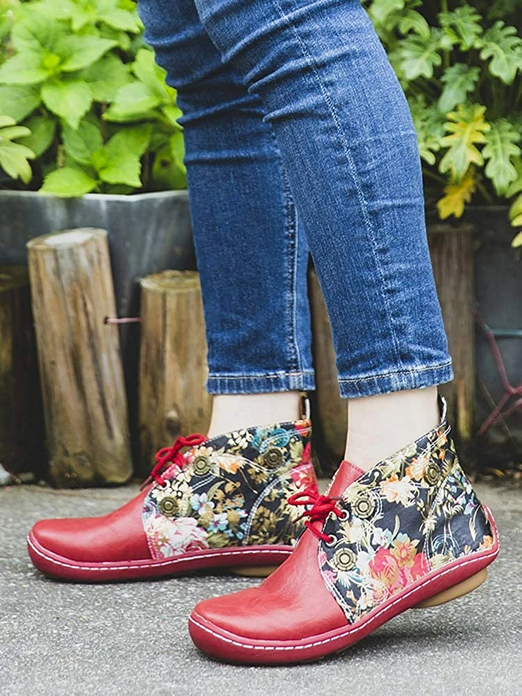 Nuheel® Vintage Ankle Boots Winter Flower Pattern Splicing Leather Boots Lace-Up 11 Nuheel® Vintage Ankle Boots Winter Flower Pattern Splicing Leather Boots Lace-Up