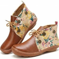Nuheel® Vintage Ankle Boots Winter Flower Pattern Splicing Leather Boots Lace-Up 44 Nuheel® Vintage Ankle Boots Winter Flower Pattern Splicing Leather Boots Lace-Up