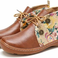 Nuheel® Vintage Ankle Boots Winter Flower Pattern Splicing Leather Boots Lace-Up 45 Nuheel® Vintage Ankle Boots Winter Flower Pattern Splicing Leather Boots Lace-Up
