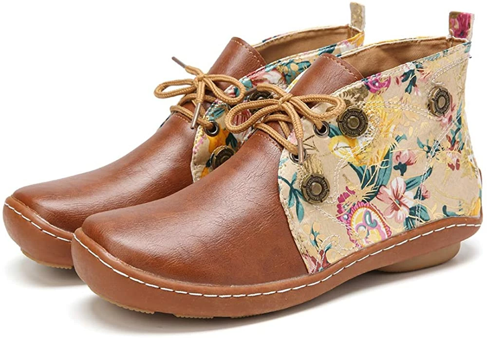 Nuheel® Vintage Ankle Boots Winter Flower Pattern Splicing Leather Boots Lace-Up 14 Nuheel® Vintage Ankle Boots Winter Flower Pattern Splicing Leather Boots Lace-Up