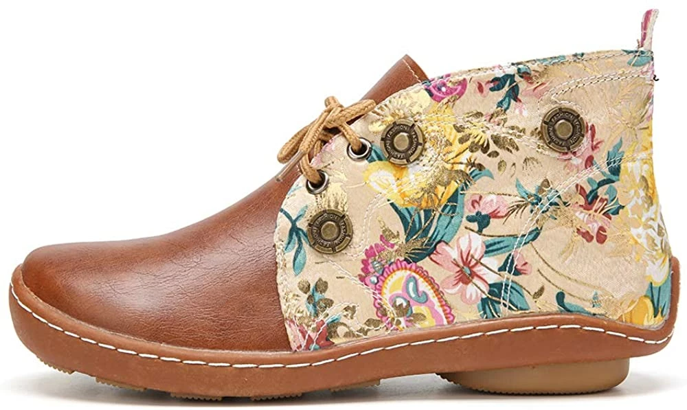 Nuheel® Vintage Ankle Boots Winter Flower Pattern Splicing Leather Boots Lace-Up 15 Nuheel® Vintage Ankle Boots Winter Flower Pattern Splicing Leather Boots Lace-Up
