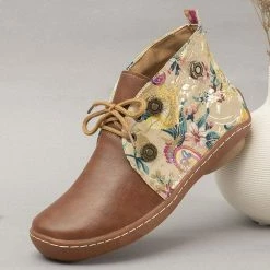 Nuheel® Vintage Ankle Boots Winter Flower Pattern Splicing Leather Boots Lace-Up 47 Nuheel® Vintage Ankle Boots Winter Flower Pattern Splicing Leather Boots Lace-Up
