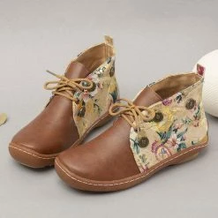 Nuheel® Vintage Ankle Boots Winter Flower Pattern Splicing Leather Boots Lace-Up 48 Nuheel® Vintage Ankle Boots Winter Flower Pattern Splicing Leather Boots Lace-Up