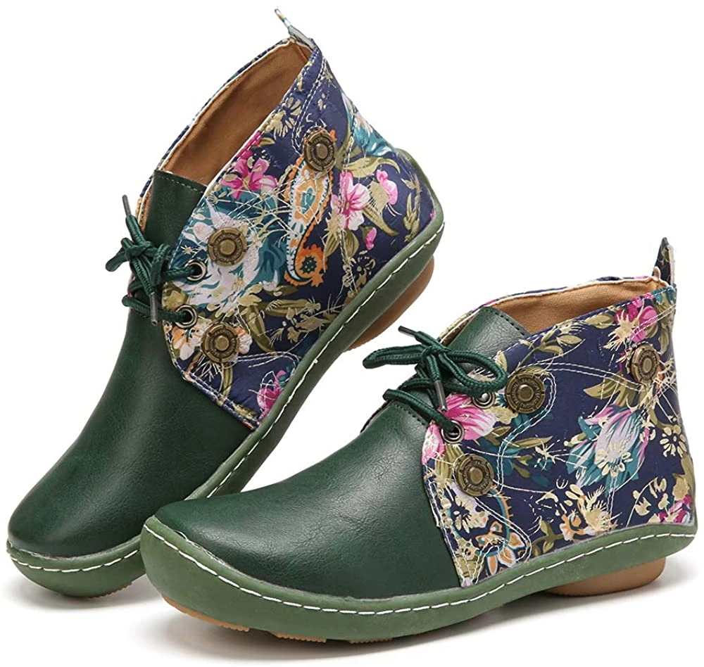Nuheel® Vintage Ankle Boots Winter Flower Pattern Splicing Leather Boots Lace-Up 20 Nuheel® Vintage Ankle Boots Winter Flower Pattern Splicing Leather Boots Lace-Up