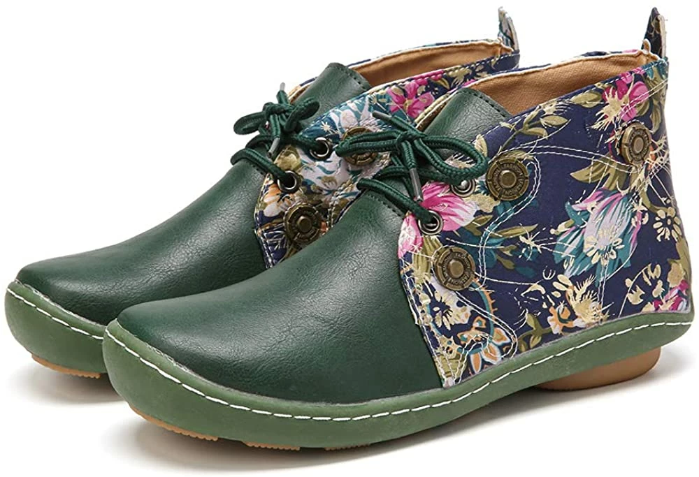 Nuheel® Vintage Ankle Boots Winter Flower Pattern Splicing Leather Boots Lace-Up 21 Nuheel® Vintage Ankle Boots Winter Flower Pattern Splicing Leather Boots Lace-Up