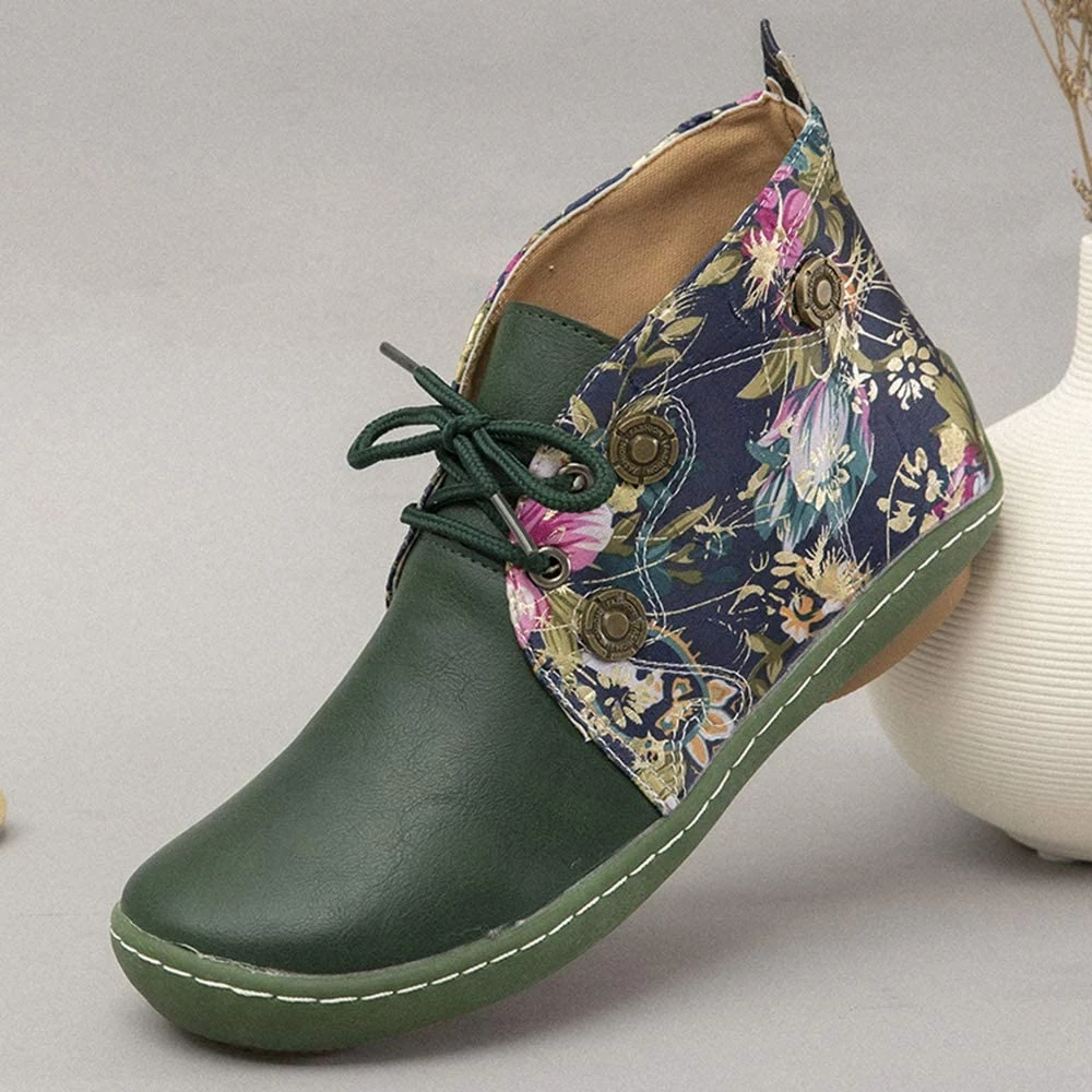 Nuheel® Vintage Ankle Boots Winter Flower Pattern Splicing Leather Boots Lace-Up 23 Nuheel® Vintage Ankle Boots Winter Flower Pattern Splicing Leather Boots Lace-Up