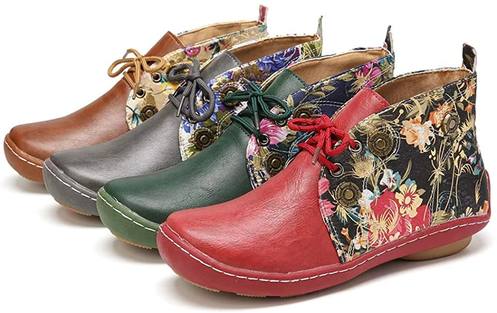 Nuheel® Vintage Ankle Boots Winter Flower Pattern Splicing Leather Boots Lace-Up 26 Nuheel® Vintage Ankle Boots Winter Flower Pattern Splicing Leather Boots Lace-Up