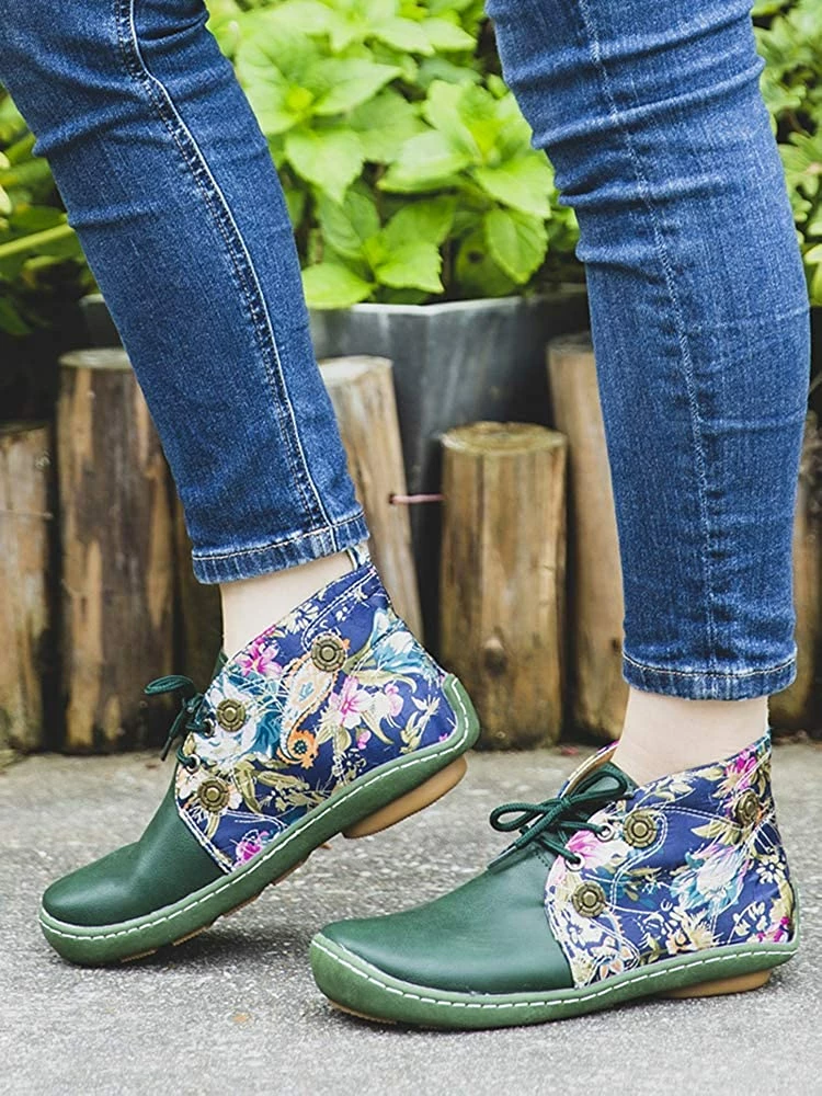 Nuheel® Vintage Ankle Boots Winter Flower Pattern Splicing Leather Boots Lace-Up 27 Nuheel® Vintage Ankle Boots Winter Flower Pattern Splicing Leather Boots Lace-Up