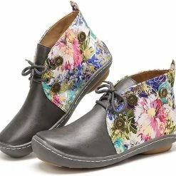Nuheel® Vintage Ankle Boots Winter Flower Pattern Splicing Leather Boots Lace-Up 60 Nuheel® Vintage Ankle Boots Winter Flower Pattern Splicing Leather Boots Lace-Up