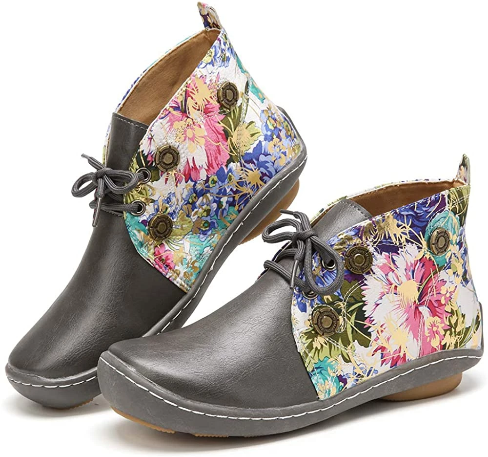 Nuheel® Vintage Ankle Boots Winter Flower Pattern Splicing Leather Boots Lace-Up 29 Nuheel® Vintage Ankle Boots Winter Flower Pattern Splicing Leather Boots Lace-Up