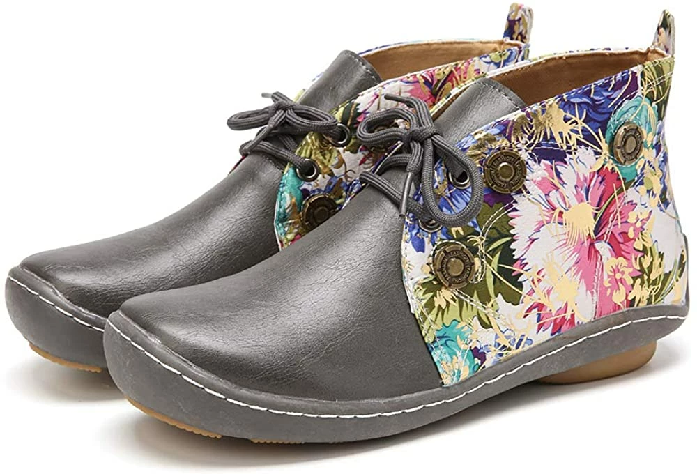 Nuheel® Vintage Ankle Boots Winter Flower Pattern Splicing Leather Boots Lace-Up 30 Nuheel® Vintage Ankle Boots Winter Flower Pattern Splicing Leather Boots Lace-Up