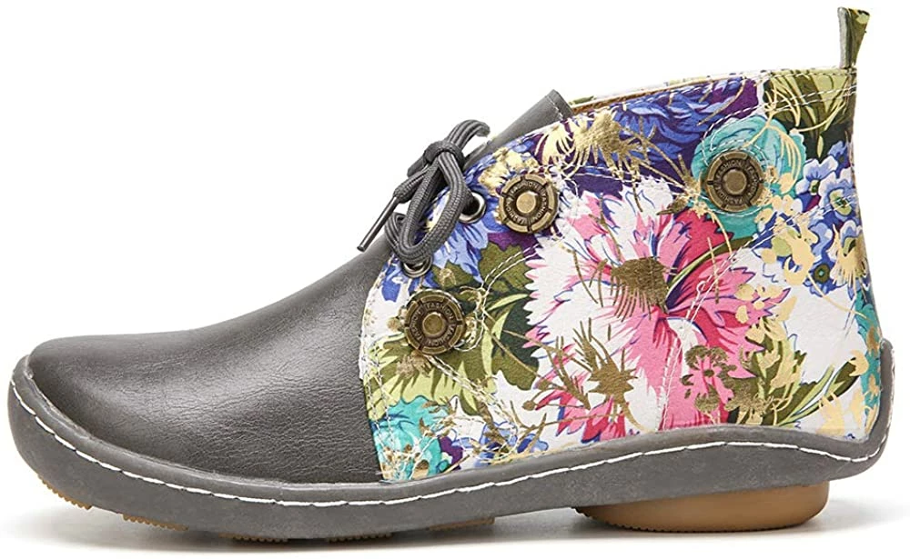 Nuheel® Vintage Ankle Boots Winter Flower Pattern Splicing Leather Boots Lace-Up 31 Nuheel® Vintage Ankle Boots Winter Flower Pattern Splicing Leather Boots Lace-Up