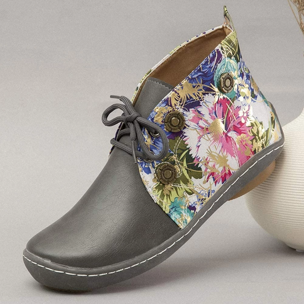 Nuheel® Vintage Ankle Boots Winter Flower Pattern Splicing Leather Boots Lace-Up 32 Nuheel® Vintage Ankle Boots Winter Flower Pattern Splicing Leather Boots Lace-Up