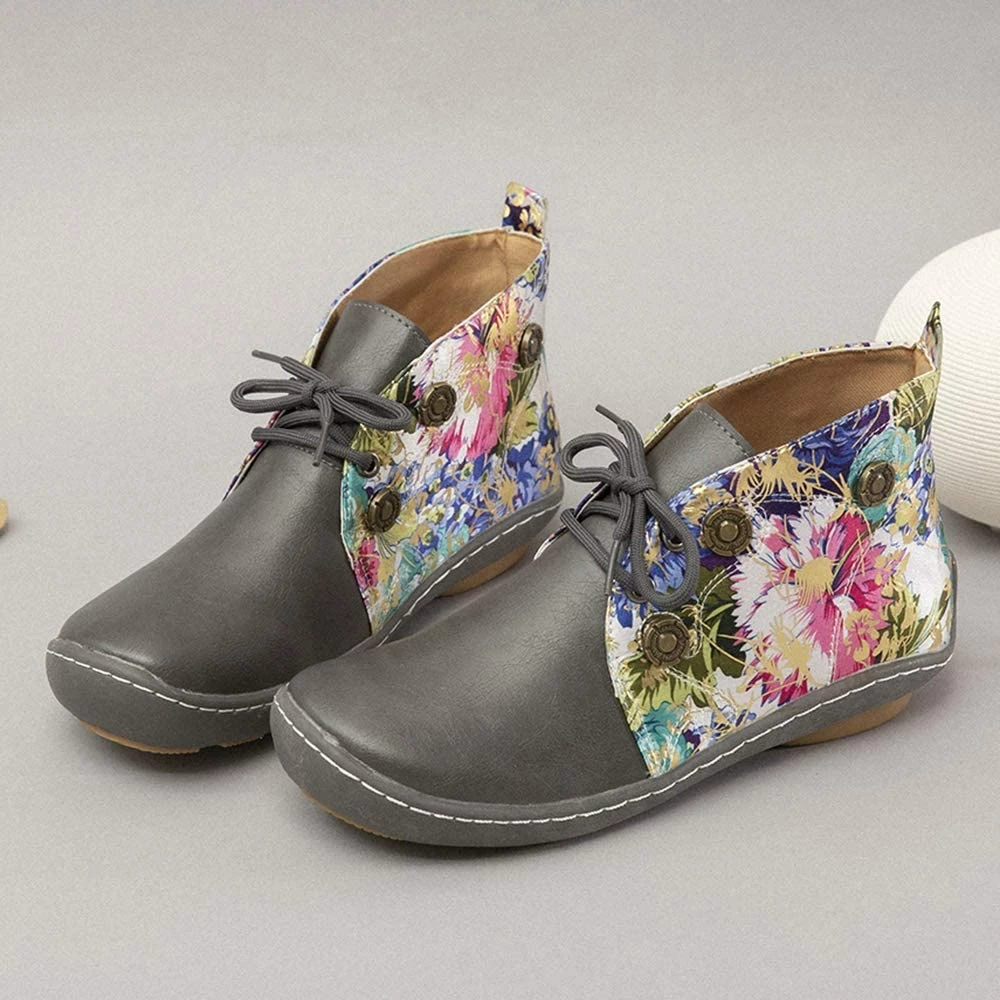 Nuheel® Vintage Ankle Boots Winter Flower Pattern Splicing Leather Boots Lace-Up 33 Nuheel® Vintage Ankle Boots Winter Flower Pattern Splicing Leather Boots Lace-Up