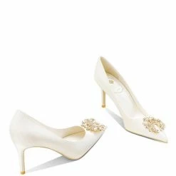 Nuheel® Nuheel Crystal Flower Bridal Shoes Satin Wedding Shoes For Bridal Silk Stilettos Nude Heels