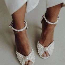 Nuheel® Nuheel Handmade Pearl Bridal Shoes Stilettos Nude Heels Open Toe Wedding Shoes For Bride Sandals For Women