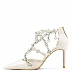 Nuheel® Nuheel Leather Pointed Bridal Shoes Rhinestone Wedding Shoes For Bride White Silk Heels