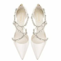 Nuheel® Nuheel Leather Pointed Bridal Shoes Rhinestone Wedding Shoes For Bride White Silk Heels
