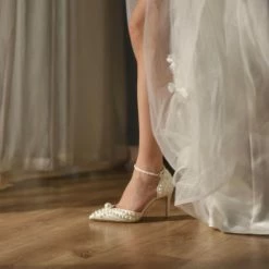 Nuheel® Nuheel Satin Bridal Shoes Pearl Pointed White Heels Stilettos Wedding Shoes For Bride 13