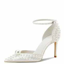 Nuheel® Nuheel Satin Bridal Shoes Pearl Pointed White Heels Stilettos Wedding Shoes For Bride 13