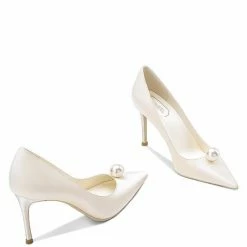 Nuheel® NUHEEL PEARL BRIDAL SHOES Silk WEDDING SHOES FOR BRIDE STILETTOS POINTED NUDE HEELS 8.5