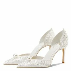 Nuheel® Nuheel Satin Bridal Shoes Pearl Pointed White Heels Stilettos Wedding Shoes For Bride 13