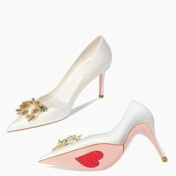 Nuheel® Nuheel Gold Petals Bridal Shoes Silk Wedding Shoes For Bride Stilettos Nude Heels