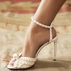 Nuheel® Nuheel Handmade Pearl Bridal Shoes Stilettos Nude Heels Open Toe Wedding Shoes For Bride Sandals For Women