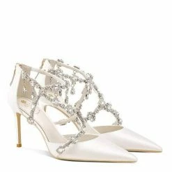 Nuheel® Nuheel Leather Pointed Bridal Shoes Rhinestone Wedding Shoes For Bride White Silk Heels