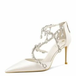 Nuheel® Nuheel Leather Pointed Bridal Shoes Rhinestone Wedding Shoes For Bride White Silk Heels