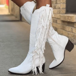 Nuheel® NUHEEL White Cowgirl Boots For Women White Crocodile Pattern Tassel Boots