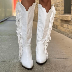Nuheel® NUHEEL White Cowgirl Boots For Women White Crocodile Pattern Tassel Boots
