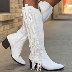 Nuheel® NUHEEL White Cowgirl Boots For Women White Crocodile Pattern Tassel Boots