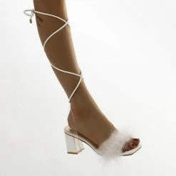 Nuheel® Woman's Chunky Heel Cross Strap Heeled Sandals With Feathers