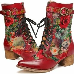 Nuheel® Woman Women's Ankle Booties Bohemian Leather Splicing Flowers Pattern Side