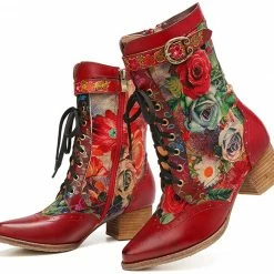 Nuheel® Woman Women's Ankle Booties Bohemian Leather Splicing Flowers Pattern Side