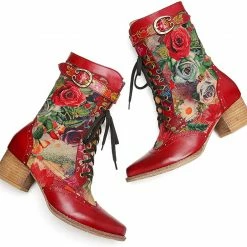 Nuheel® Woman Women's Ankle Booties Bohemian Leather Splicing Flowers Pattern Side