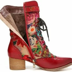 Nuheel® Woman Women's Ankle Booties Bohemian Leather Splicing Flowers Pattern Side