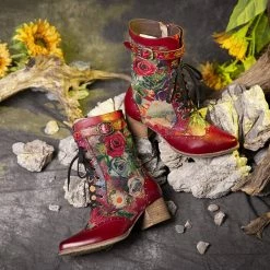 Nuheel® Woman Women's Ankle Booties Bohemian Leather Splicing Flowers Pattern Side