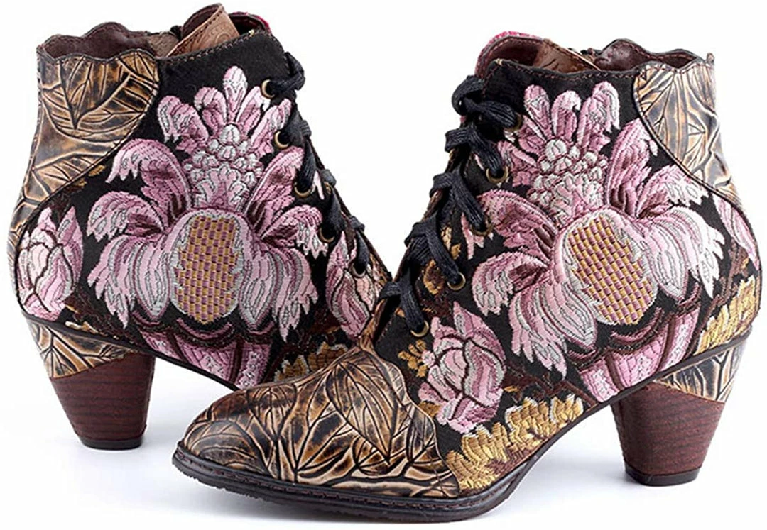 Nuheel® Women's Ankle Boots Handmade Splicing Leather Low Chunky Block Heels 4 Nuheel® Women's Ankle Boots Handmade Splicing Leather Low Chunky Block Heels