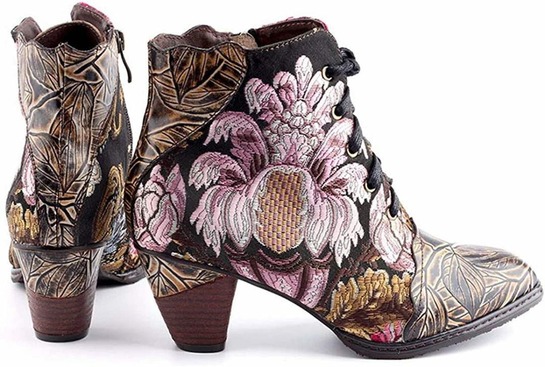 Nuheel® Women's Ankle Boots Handmade Splicing Leather Low Chunky Block Heels 6 Nuheel® Women's Ankle Boots Handmade Splicing Leather Low Chunky Block Heels